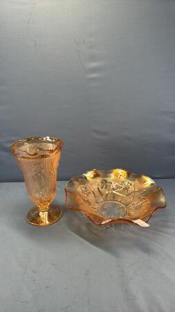 IRIS PATTERN CARNVIAL COLURED VASE & UNDERPLATE
