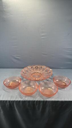 PINK PRESSED GLASS BOWL & (4) PINK SALAD BOWLS