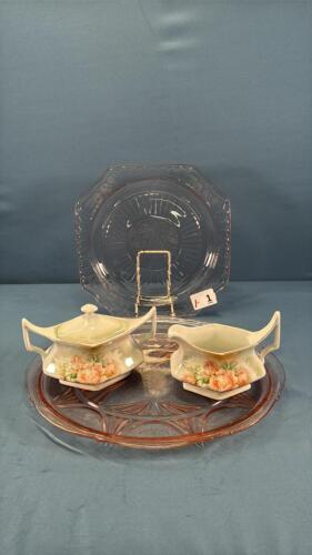 (2) PINK DEPRESSION PLATES W/GERMAN CREAM &SUGAR