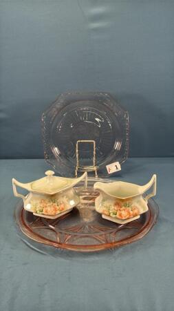 (2) PINK DEPRESSION PLATES W/GERMAN CREAM &SUGAR