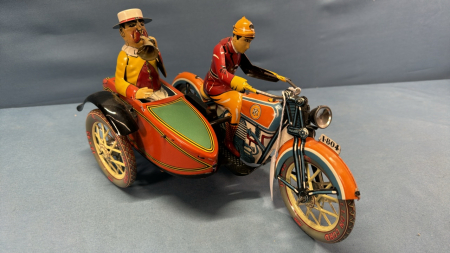 Wind-Up Tin Motorcycle & Side Car -11in Long -Works