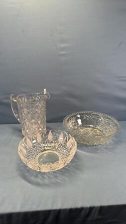(2) GLASS SERVING BOWLS & CRYSTAL PITCHER