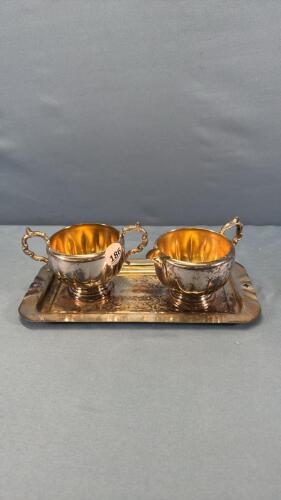 SILVER PLATED CREAM AND SUGAR ON SERVING TRAY