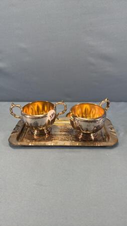 SILVER PLATED CREAM AND SUGAR ON SERVING TRAY