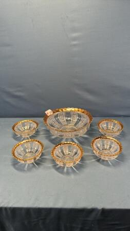 PRESSED GLASS SERVING BOWL & NAPPIES W/GOLD TRIM