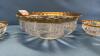 PRESSED GLASS SERVING BOWL & NAPPIES W/GOLD TRIM - 6