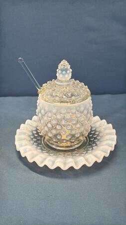 FENTON HOBNAIL MUSTARD JAR WITH LID & SPOON