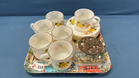 6 Matching Mugs with Saucers & Shallow Rose Bowl