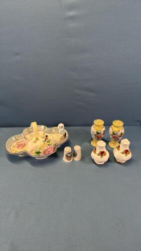 SERVING BOWL WITH 3 SETS OF SALT & PEPPERS