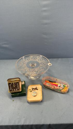 8.5"PEDESTAL CAKE PLATE&HAIR BAREETS &TRAVEL CLOCK
