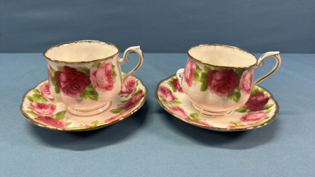 2 Royal Albert Old English Rose Tea Cups and Saucers