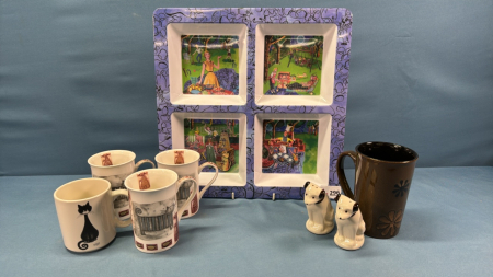 Divided Plastic Tray, Assorted Mugs & Dog Salt & Peppers