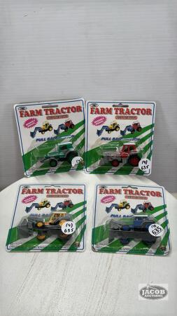 (4) 1/64 PULL BACK ACTION TRACTORS WITH BUCKETS