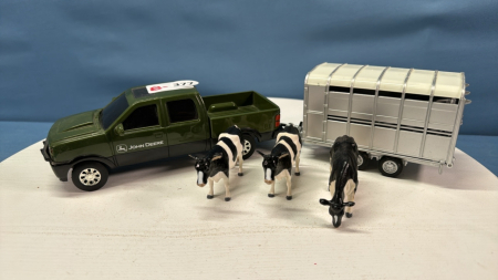 John Deere Pickup Truck & Tandem Livestock Trailer with 3 Cows
