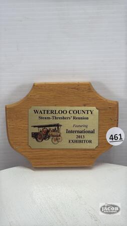 WATERLOO COUNTY STEAM THRESHER BADGE ON PLAQUE