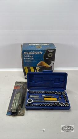 FACE SHEILD, MASTERCRAFT MULTIMETER AND SOCKET SET
