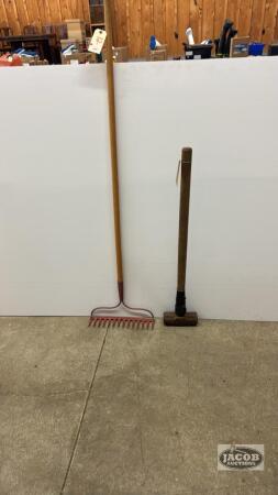 SLEDGE HAMMER AND GARDEN RAKE