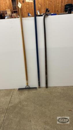 (2) LONG PRY BARS AND A GARDEN RAKE
