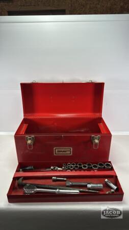 GRAY METAL TOOLBOX WITH CONTENTS