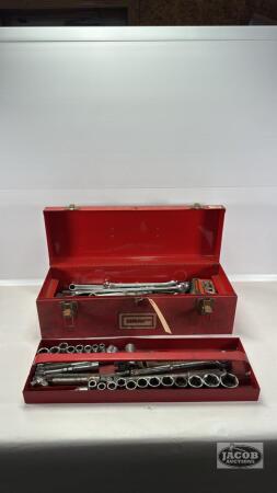 GRAY METAL TOOLBOX WITH CONTENTS
