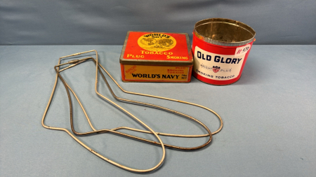 Navy & Old Glory Tobacco Tins and 3 Metal Sock Stretchers