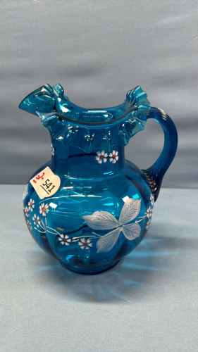 8in Blue Glass Pitcher with Floral Overlay