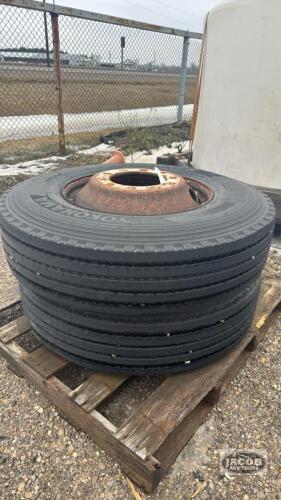 (2) USED 11R22.5 TIRES ON STEEL RIMS