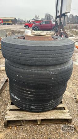 (4) USED 11R22.5 TIRES ON STEEL RIMS