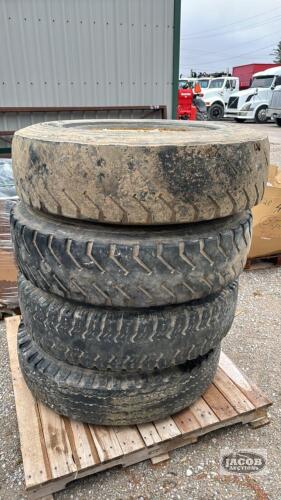 (4) WAGON TIRES 10R20 ON 8 BOLT RIMS