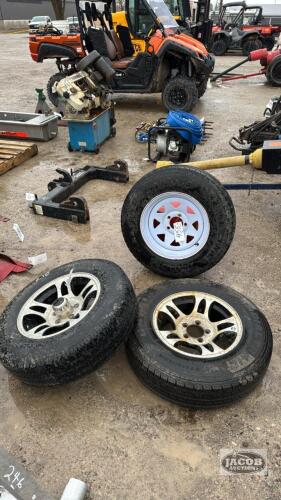 (3) 15IN TRAILER TIRES ON 5 BOLT RIMS