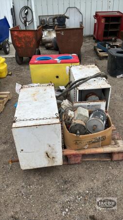 SKID LOT OF FARM RELATED HEATERS, MOTORS, PUMP