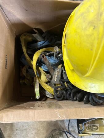 Box of misc straps and tool , tool bag