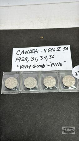 CANADA 1929, 1931, 1934, 1936 FIVE CENT COINS