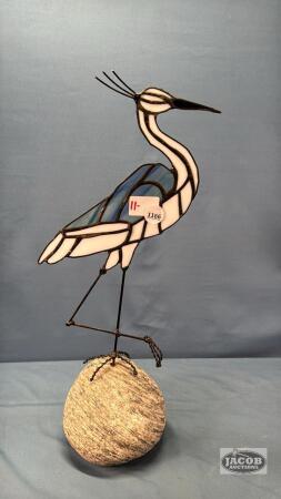 BLUE HERRON STAINED GLASS SCULPTURE ON STONE