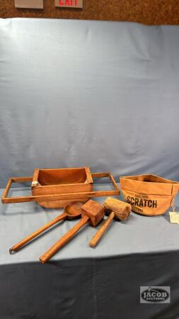WOODEN SIEVE WITH 2 WOODEN MALLETS & LADLE
