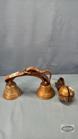 PAIR OF BRASS SLEIGH BELLS WITH LEATHER STRAP