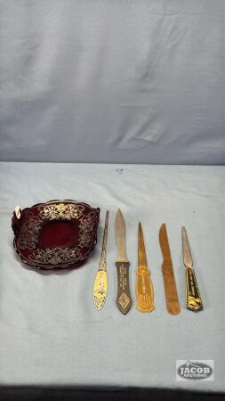 CRANBERRY 7IN BOWL WITH SILVER OVERLAY
