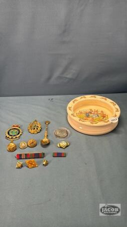 ROYAL DOULTON BUNNYKINS BOWL W/ASSORTED LAPEL PINS ETC