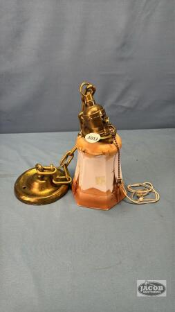 BRASS HANGING LAMP WITH PAINTED GLASS SHADE