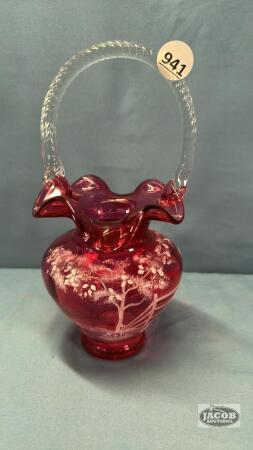 CRANBERRY HAND PAINTED BASKET