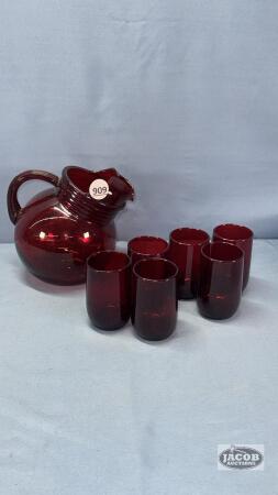 CRANBERRY PITCHER AND (6) 3IN TUMBLERS