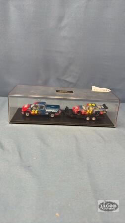 CHEVY TRUCK WITH STOCK CAR ON TRAILER