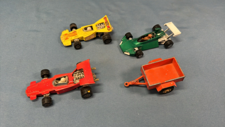 3 Matchbox Race Cars -4in Long & Britains 2 Wheel Trailer