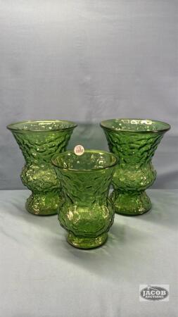 (3) GREEN GLASS VASES