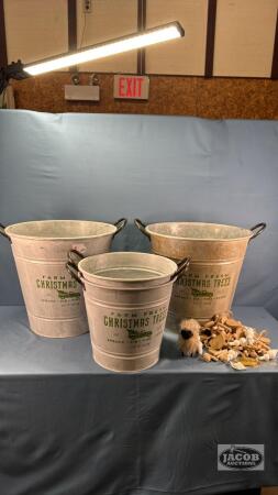 (4) GALVANIZED FARM FRESH CHRISTMAS TREE PAILS