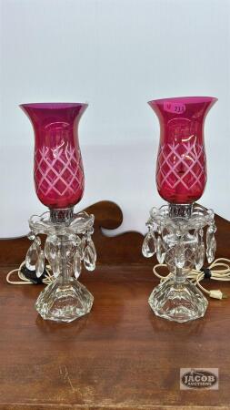 PAIR OF CRANBERRY BEDROOM LAMPS WITH PRISIMS