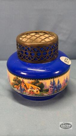 ROYAL BLUE VASE WITH METAL FROG ON TOP