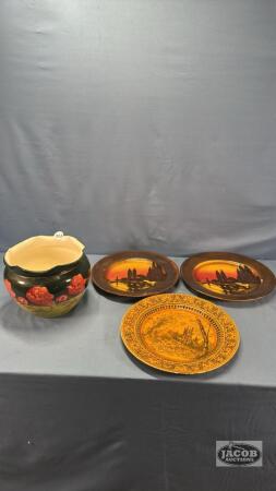 (3) ROYAL DOULTON PLATES &COLONIAL POTTERY JARDINERE