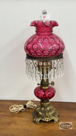 BRASS BASED CRANBERRY GONE WITH THE WIND LAMP