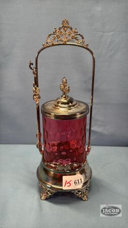 CRANBERRY PICKLE CRUET WITH TONGS